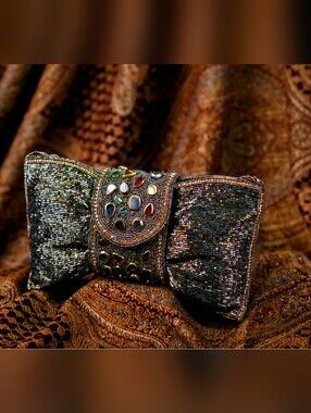 Embellished Metallic Bow Evening Clutch - Dark SilverCharcoal Tone